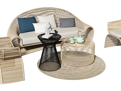 Stylish Rattan Outdoor Sofa With Blue White Grey Cushions And Side Tables For Patio 3d model