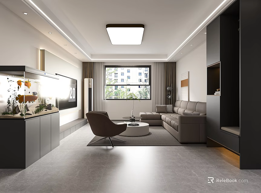 Modern Living Dining Room Interior Design With Sofa Coffee Table TV Window And Cabinets 3d model 