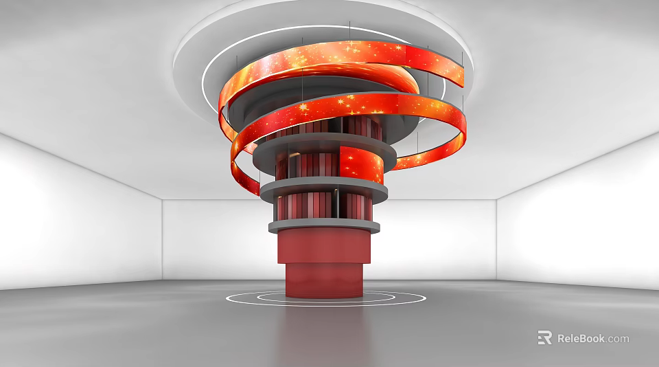 Spiral Bookshelf with Red and Orange Rings Books Inside White Room Gray Floor Round Lights 3d model 