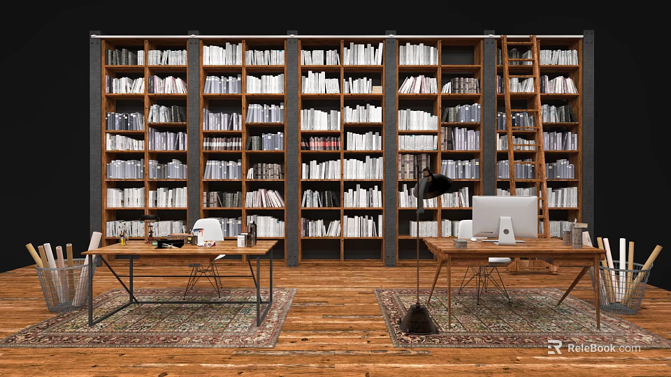 Spacious Study Room With Tall Bookcases Filled With Books And Wooden Desks 3d model 