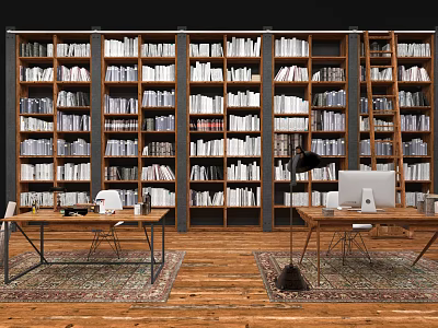 Spacious Study Room With Tall Bookcases Filled With Books And Wooden Desks 3d model