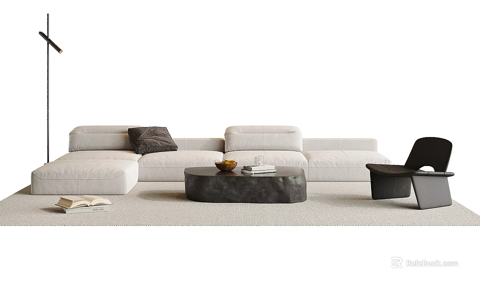 Modern Light Colored Sofa And Coffee Table Set With Dark Tabletop Throw Pillow And Accent Chair 3d model 