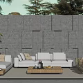 White Modular Outdoor Sofa With Green Plants Gray Stone Wall And Coffee Table
