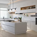 Modern Kitchen Interior With White Cabinets Island Counter Hanging Lights And Wooden Flooring