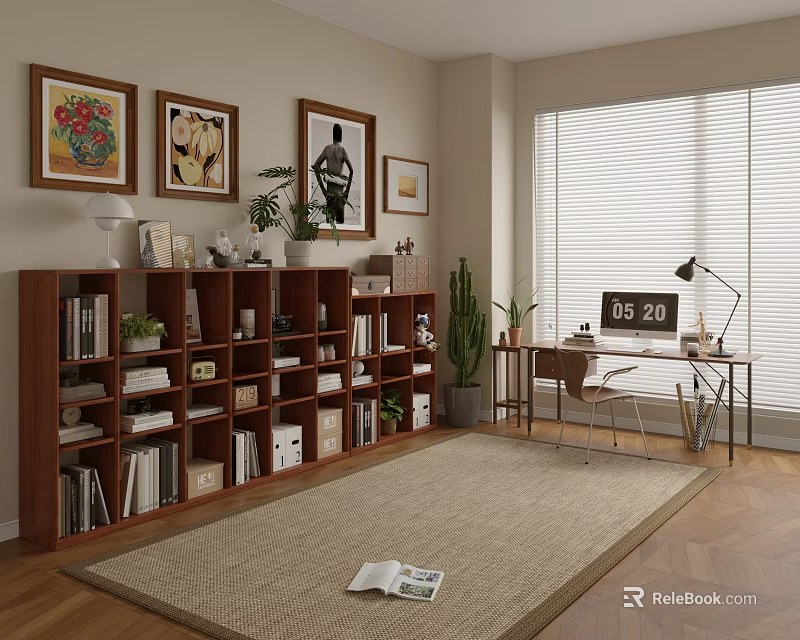 Study Room With Wooden Bookcase Books Potted Plants Framed Artworks Desk Lamp And Area Rug 3d model 