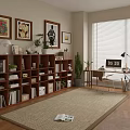 Study Room With Wooden Bookcase Books Potted Plants Framed Artworks Desk Lamp And Area Rug