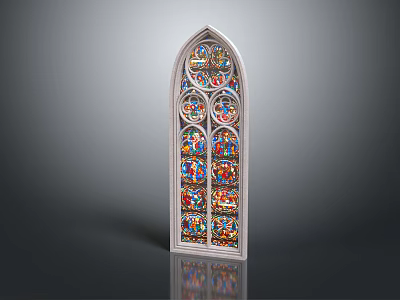 Casement Window Featuring Stained Glass Panels Vibrant Colors And Arched Top Decorative Frame 3d model