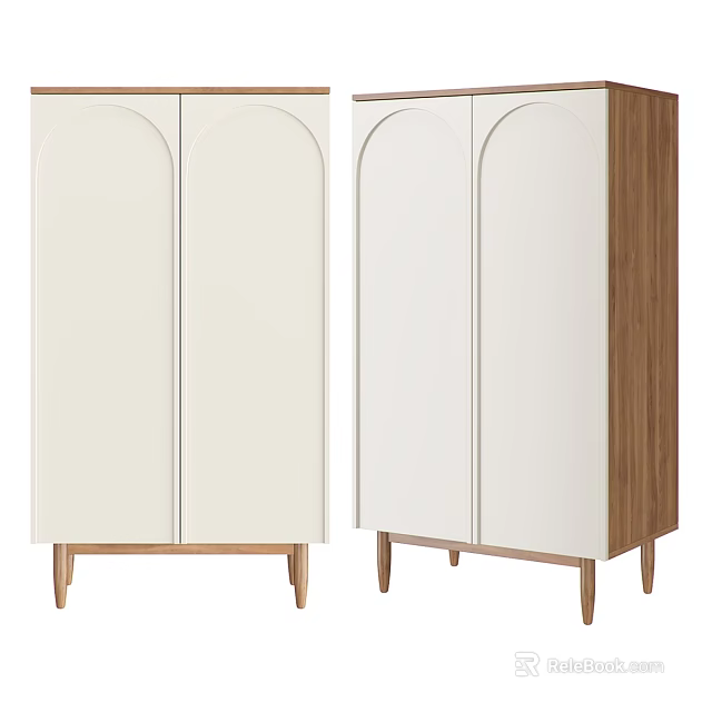Modern Storage Cabinet With White Double Doors Wooden Side Panels And Legs 3d model 