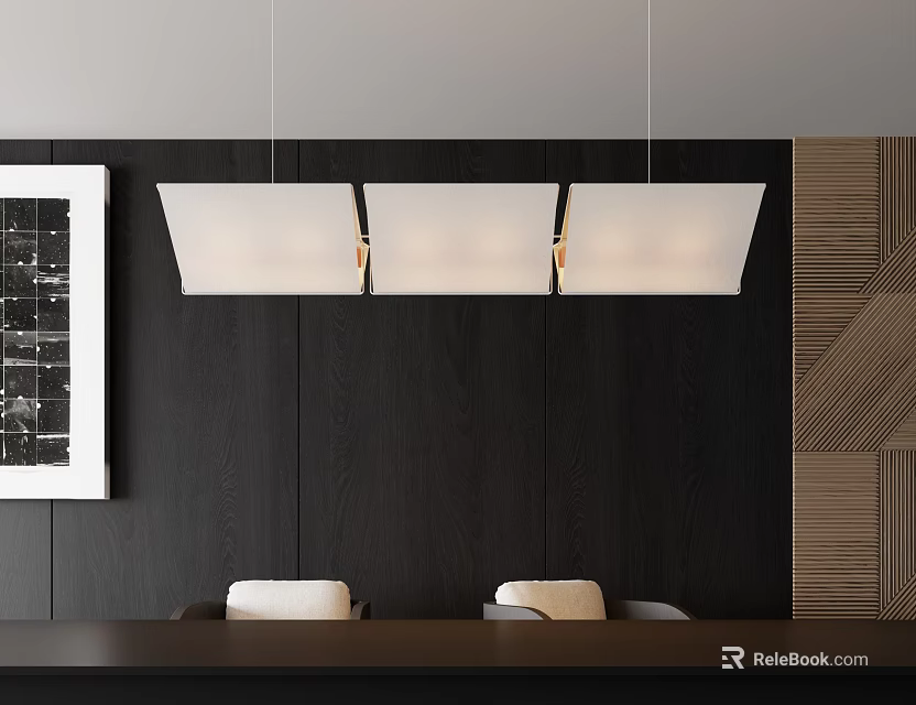 Three Rectangular White Pendant Lights Hanging Above Dark Wooden Dining Table 3d model