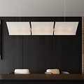 Three Rectangular White Pendant Lights Hanging Above Dark Wooden Dining Table 3d model
