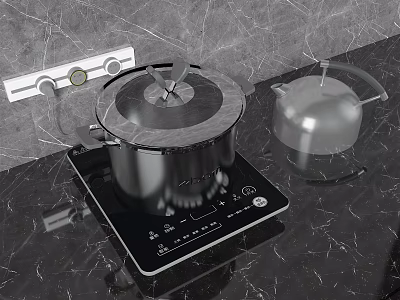 Modern Kitchen Countertop With Induction Cooktop Pot Silver Kettle And Marble Surface 3d model