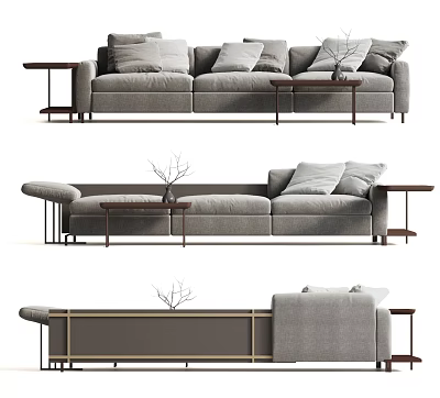 Modern Gray Three Seater Sofa With Pillows Side Tables And Decorative Plant 3d model