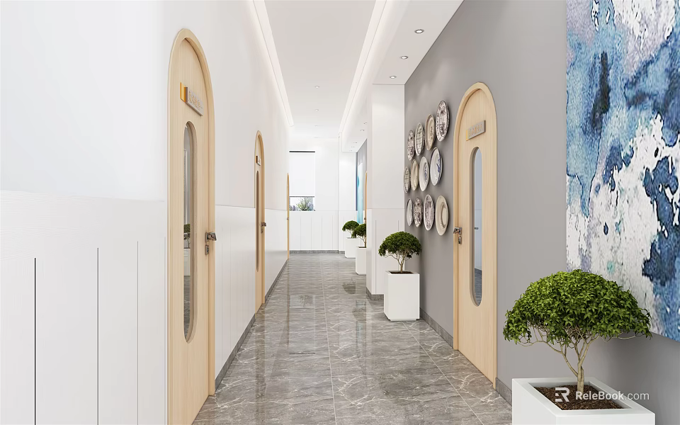 Modern Elevator Hallway With Circular Wall Decor Light Colored Doors And Green Plants 3d model 