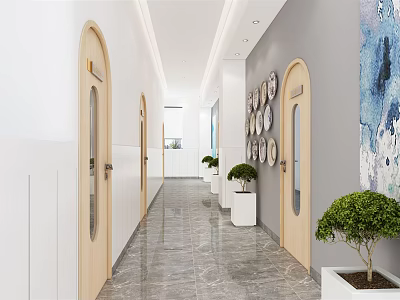 Modern Elevator Hallway With Circular Wall Decor Light Colored Doors And Green Plants 3d model