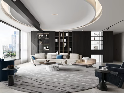 Modern Living Room Interior With Large Windows City View Sofa Coffee Table And Bookshelves 3d model