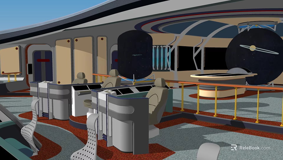 Futuristic Control Room Interior With Control Consoles Seats And Large Screens 3d model 