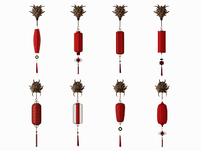 Traditional Red Lanterns With Decorative Tops And Hanging Tassels In Various Styles 3d model