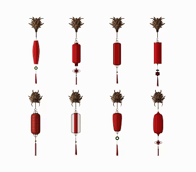 Traditional Red Lanterns With Decorative Tops And Hanging Tassels In Various Styles 3d model