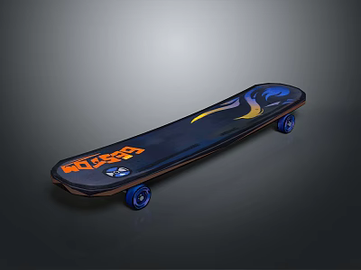 Man Riding Dark Blue Skateboard With Orange Yellow Patterns And Blue Wheels 3d model