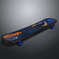 Man Riding Dark Blue Skateboard With Orange Yellow Patterns And Blue Wheels