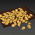 Brown Tray With Scattered Yellow Shell Shaped Items On White Background