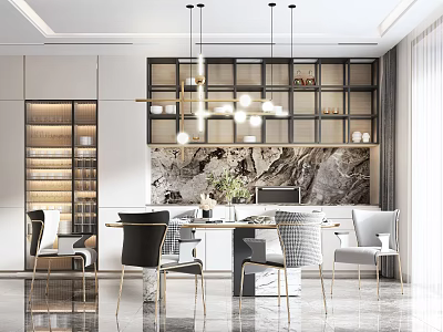 Elegant Modern Dining Table Set With Marble Top And Comfortable Chairs In Contemporary Interior 3d model