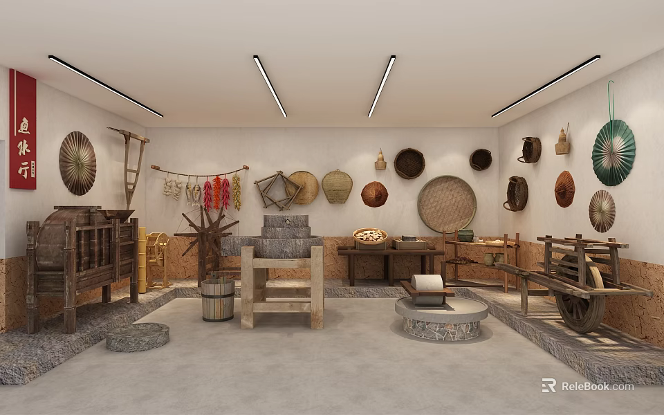 Traditional Woven Decorations and Vintage Tools in Rustic Display Room 3d model 