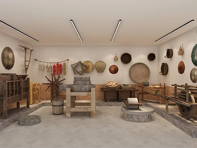 Traditional Woven Decorations and Vintage Tools in Rustic Display Room 3d model