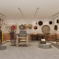 Traditional Woven Decorations and Vintage Tools in Rustic Display Room