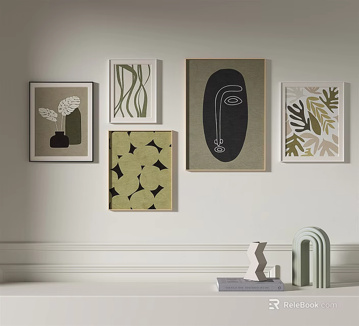 Modern Wall Decor With Various Framed Paintings And Decorative Objects 3d model