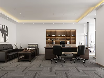 Modern Office Interior Design With Recessed Lighting Wooden Desk Black Chairs Bookshelf Sofa And Carpet 3d model