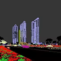 Modern Tall Office Buildings With Glass Curtain Walls Red Arch Structure And Trees