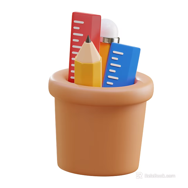 Colorful Pencils Ruler And Eraser In Orange Pot For School Supplies 3d model 