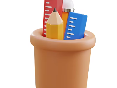 Colorful Pencils Ruler And Eraser In Orange Pot For School Supplies 3d model