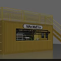 Yellow Shipping Container Building With Upper Deck Staircase Window And Signboard 3d model