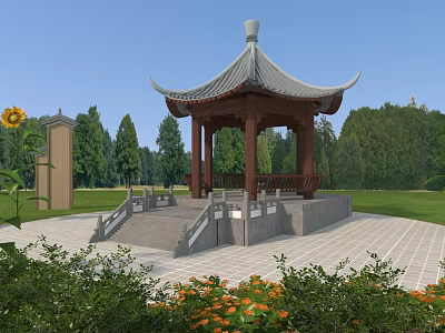 Traditional Chinese Style Pavilion In Park With Green Lawn Trees And Flowers 3d model