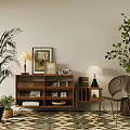 Stylish Entryway Cabinet and Side Cabinet with Potted Plants Table Lamps and Framed Art