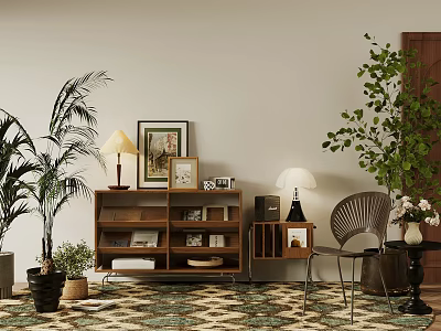 Stylish Entryway Cabinet and Side Cabinet with Potted Plants Table Lamps and Framed Art 3d model