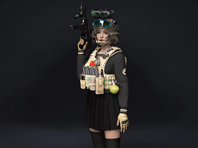 Woman In Tactical Vest Holding Rifle With Goggles Short Skirt Long Socks And Gloves 3d model