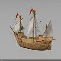 Vintage Wooden Sailing Ship Model Featuring White Sails Red Flags And Detailed Structure