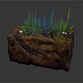 Cartoon Scene of Smiling Brown Rock With Green Grass and Small White Mushrooms