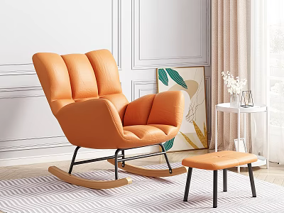 Orange Rocking Leisure Chair with Matching Ottoman in Modern Living Room with White Wall and Art Decor 3d model