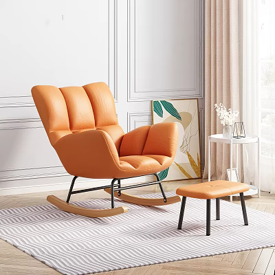 Orange Rocking Leisure Chair with Matching Ottoman in Modern Living Room with White Wall and Art Decor 3d model