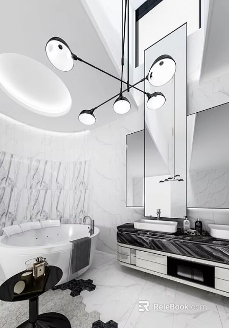 Modern Bathroom Interior With Marble Walls Bathtub Mirrors Double Sinks And Pendant Lights 3d model 