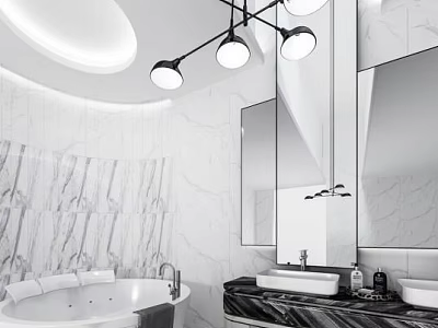 Modern Bathroom Interior With Marble Walls Bathtub Mirrors Double Sinks And Pendant Lights 3d model