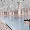 Indoor Swimming Pool with Arched Doors Round Pendant Lights Pink Walls and Blue Tiles
