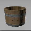 Rustic Round Wooden Barrel With Multiple Metal Hoops For Household Storage Use