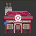 Cartoon Scene of Pink Building with Red Roof Chimney Circular Sign and Window Flower Pots