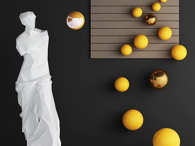 White Carved Sculpture Featuring Yellow And Gold Spheres On Black Background And Striped Board 3d model
