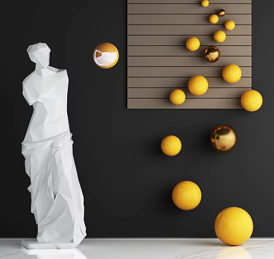 White Carved Sculpture Featuring Yellow And Gold Spheres On Black Background And Striped Board 3d model